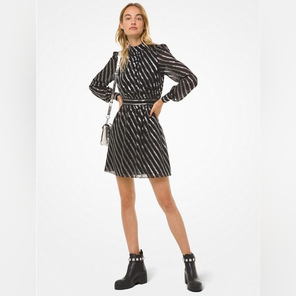 MICHAEL Michael Kors Metallic Stripe Silk Jacquard Black Silver Mini Dress 2 - Picture 1 of 8